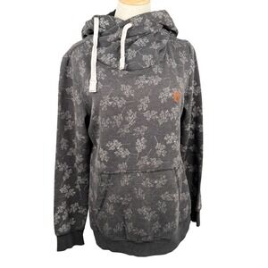 DJT Womens Medium Hoodie Gray Botanical Leaf Print Funnel Neck Owl Patch GUC